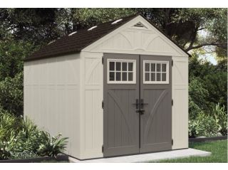 The image is an 8ft wide x 10ft deep/long Suncast Tremont